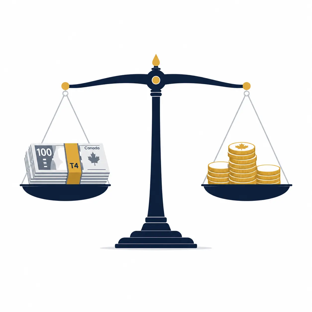 Balança comparando salário T4 em dinheiro e moedas de ouro representando dividendos