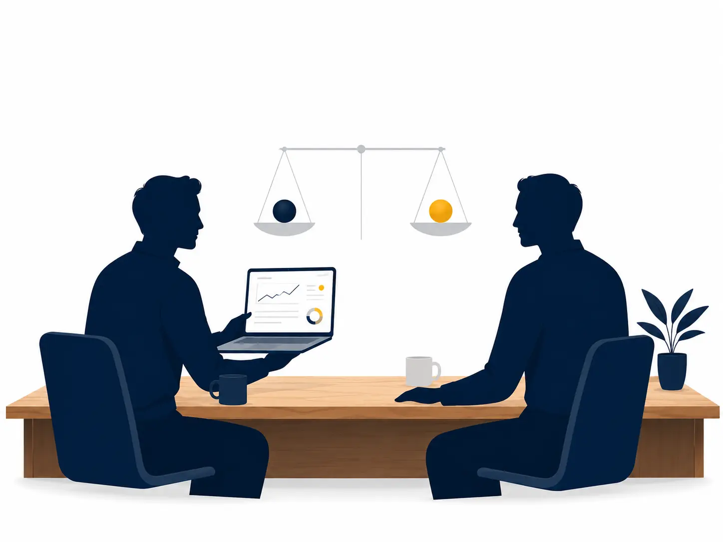 Duas pessoas em reunião à mesa, com laptop mostrando indicadores e uma balança ao fundo