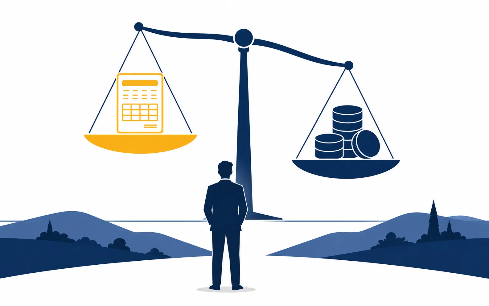 Ilustração editorial de uma balança pesando uma calculadora contra uma pilha de moedas, com silhueta de um owner-manager decidindo entre salário e dividendo